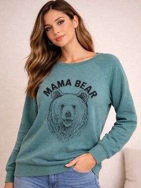 **STATE OF MIND** MAMA BEAR TEAL SWEATSHIRT V NECK WOMEN'S MEDIUM